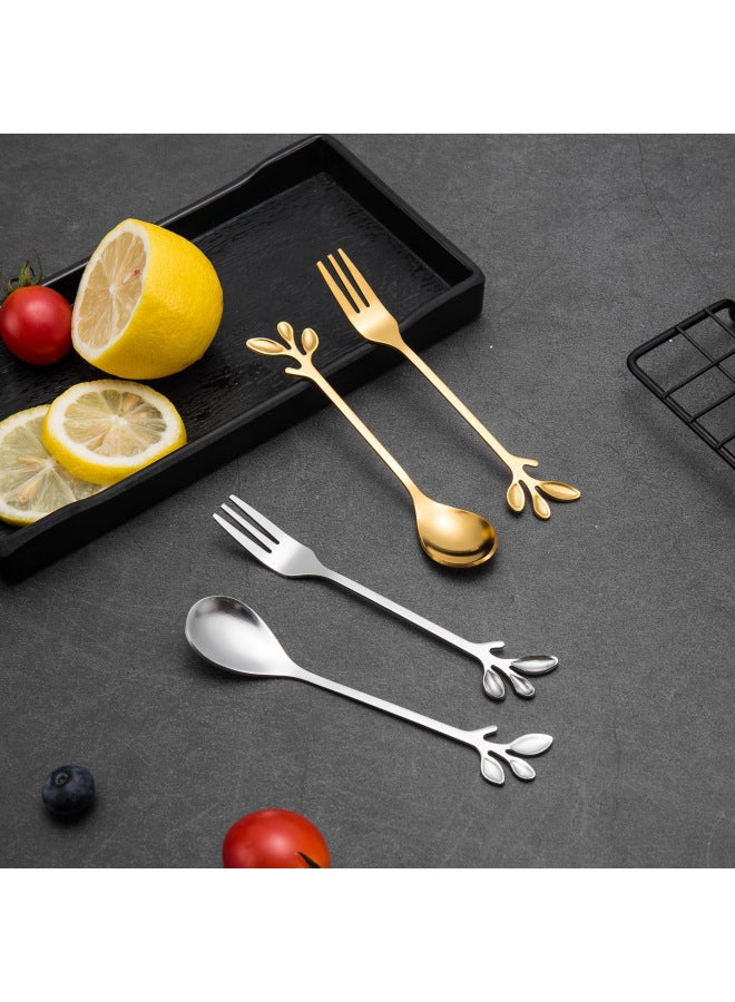 Stainless Steel Short Handle Leaf Spoon Fork Golden Fruit Fork Dessert Spoon Creative Home Coffee Spoon Cute Cake Fork-Color:Silver Leaf Fork - Image 2