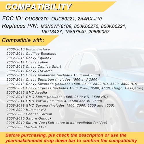 Vurkcy Key Fob Replacement for Chevy Avalanche Suburban Silverado Tahoe Express Equinox Traverse/GMC Sierra Yukon Savana Acadia/Enclave Escalade H2 Outlook, OUC60270 OUC60221 2A4RX-J10, 3 Btn, 2Pcs - Image 2