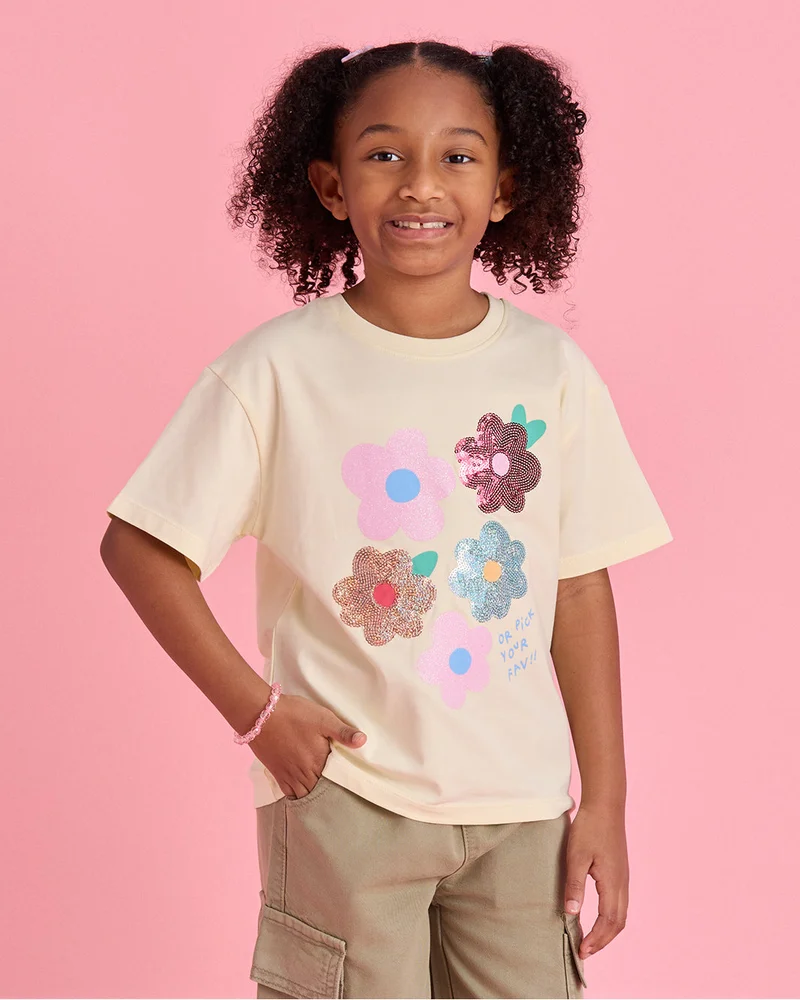 Redtag Girls Yellow Flower With Sequins T-Shirt