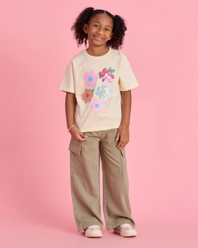 Redtag Girls Yellow Flower With Sequins T-Shirt