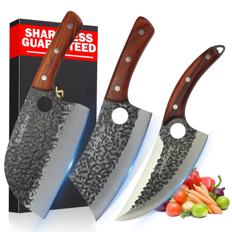 SliceElite Heritage Forge 3 Piece Butcher Knife Set Serbian Chef Meat Cleaver Viking Knife High Carbon Stainless Steel Full Tang Sandalwood Handle BBQ Grilling Camping Cooking Gift Set For Men & Women - Image 1