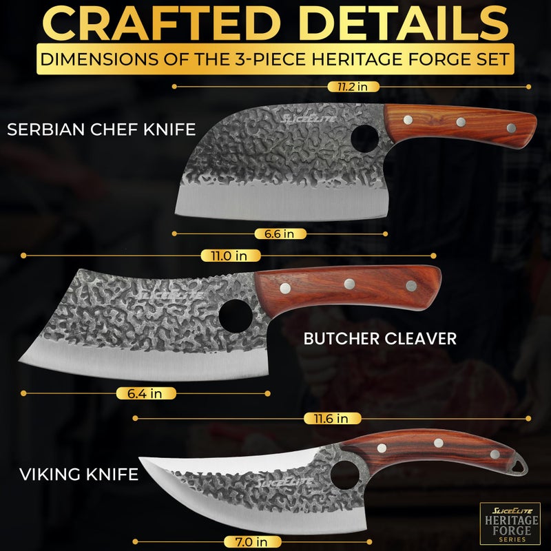 SliceElite Heritage Forge 3 Piece Butcher Knife Set Serbian Chef Meat Cleaver Viking Knife High Carbon Stainless Steel Full Tang Sandalwood Handle BBQ Grilling Camping Cooking Gift Set For Men & Women - Image 2