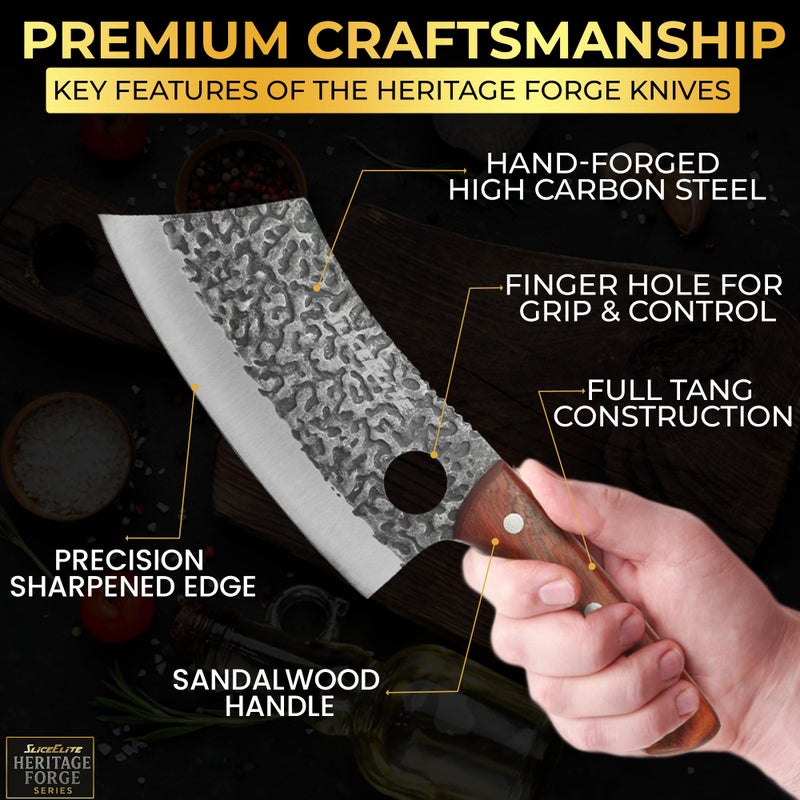 SliceElite Heritage Forge 3 Piece Butcher Knife Set Serbian Chef Meat Cleaver Viking Knife High Carbon Stainless Steel Full Tang Sandalwood Handle BBQ Grilling Camping Cooking Gift Set For Men & Women - Image 5