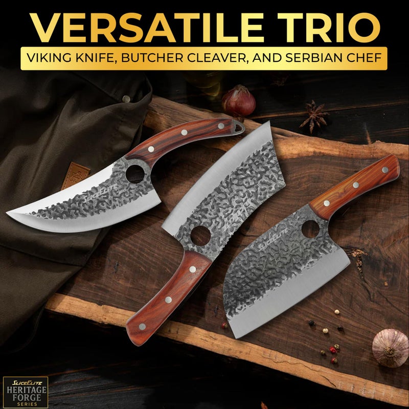 SliceElite Heritage Forge 3 Piece Butcher Knife Set Serbian Chef Meat Cleaver Viking Knife High Carbon Stainless Steel Full Tang Sandalwood Handle BBQ Grilling Camping Cooking Gift Set For Men & Women - Image 4