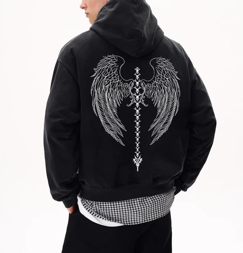Dynict Unisex Y2K Aicd Wash Gothic Graphic Hoodies Oversize Grunge Skull Wing Print Sweatshirt Casual Fit Pullover (Black,Small) - Image 1