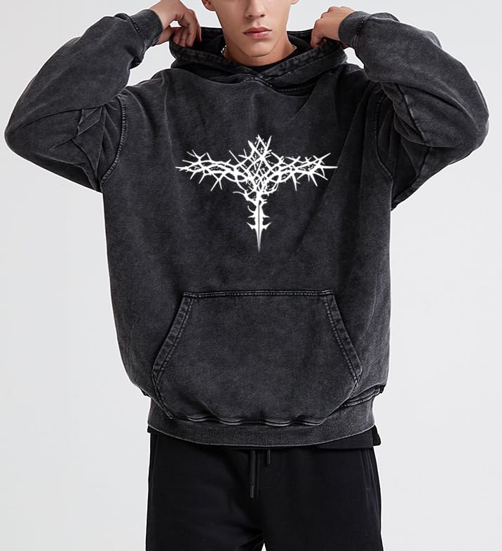 Dynict Unisex Y2K Aicd Wash Gothic Graphic Hoodies Oversize Grunge Skull Wing Print Sweatshirt Casual Fit Pullover (Black,Small) - Image 4