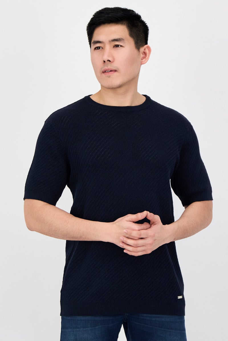 Threadbare Men Crew Neck Short Sleeve Knitted T-Shirt, Navy - Image 1