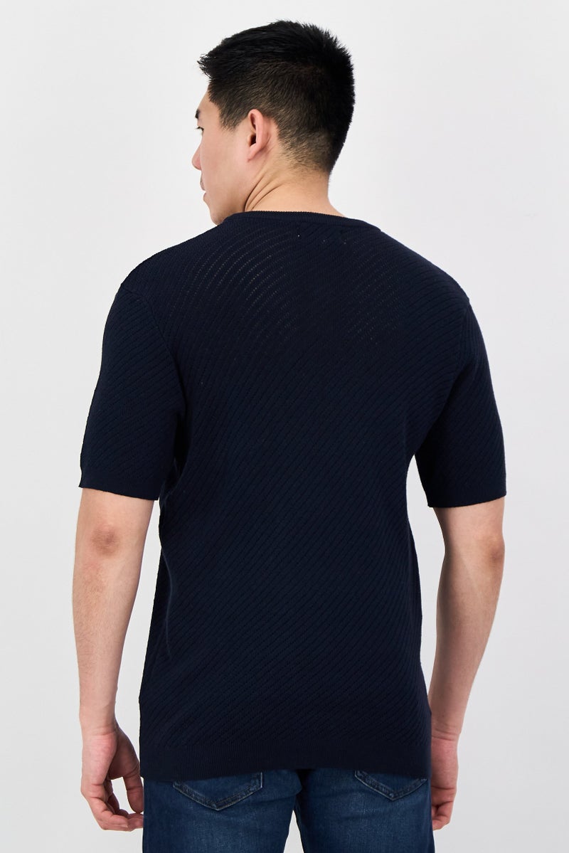 Threadbare Men Crew Neck Short Sleeve Knitted T-Shirt, Navy - Image 3