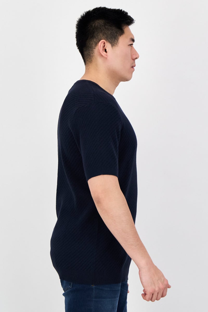 Threadbare Men Crew Neck Short Sleeve Knitted T-Shirt, Navy - Image 2