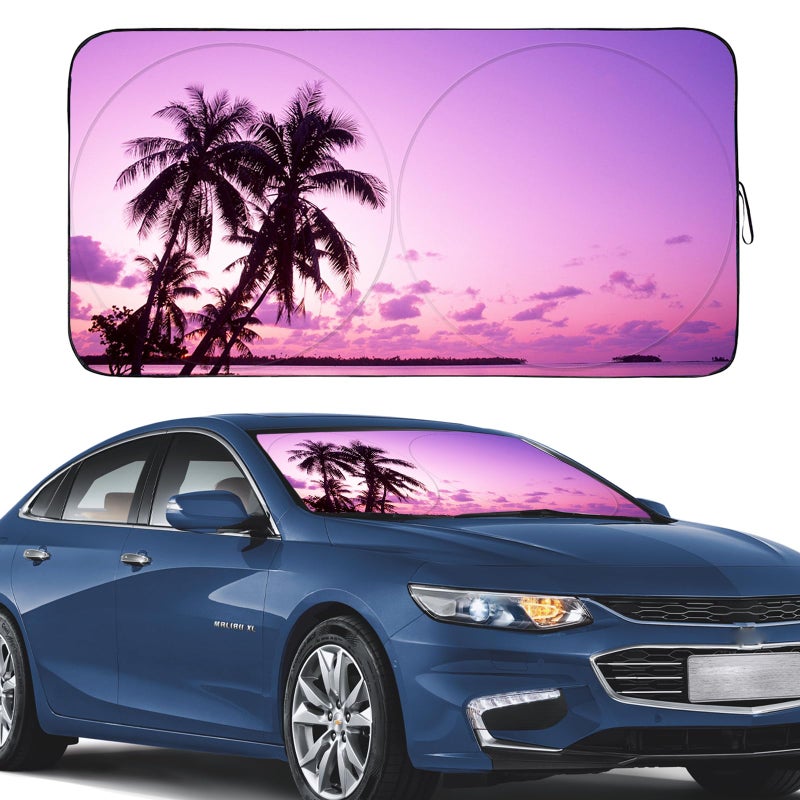 Güvenç Gven Sunshade for Car Windshield with Tropical Palm Tree Design- UV Protection& Heat Blocking Sunshade for Cars Sedan SUV Truck| Keep Car Cool in Summer Beach Vacation Style (Sunset, S) - Image 1