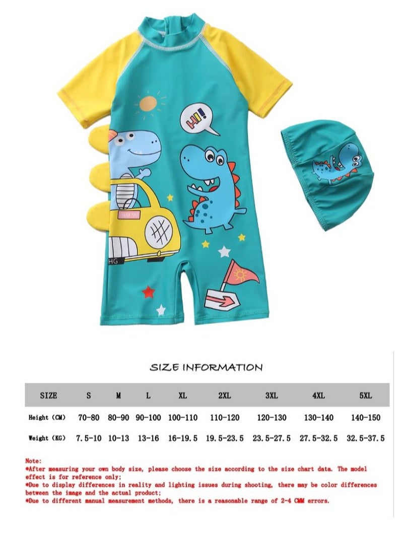 Y&D 2-piece fashionable boy cartoon printed one piece swimsuit short sleeved sun protection children's water sports with hat 70-80cm - Image 3