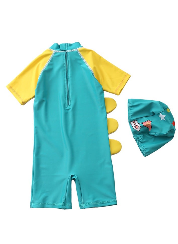 Y&D 2-piece fashionable boy cartoon printed one piece swimsuit short sleeved sun protection children's water sports with hat 70-80cm - Image 2