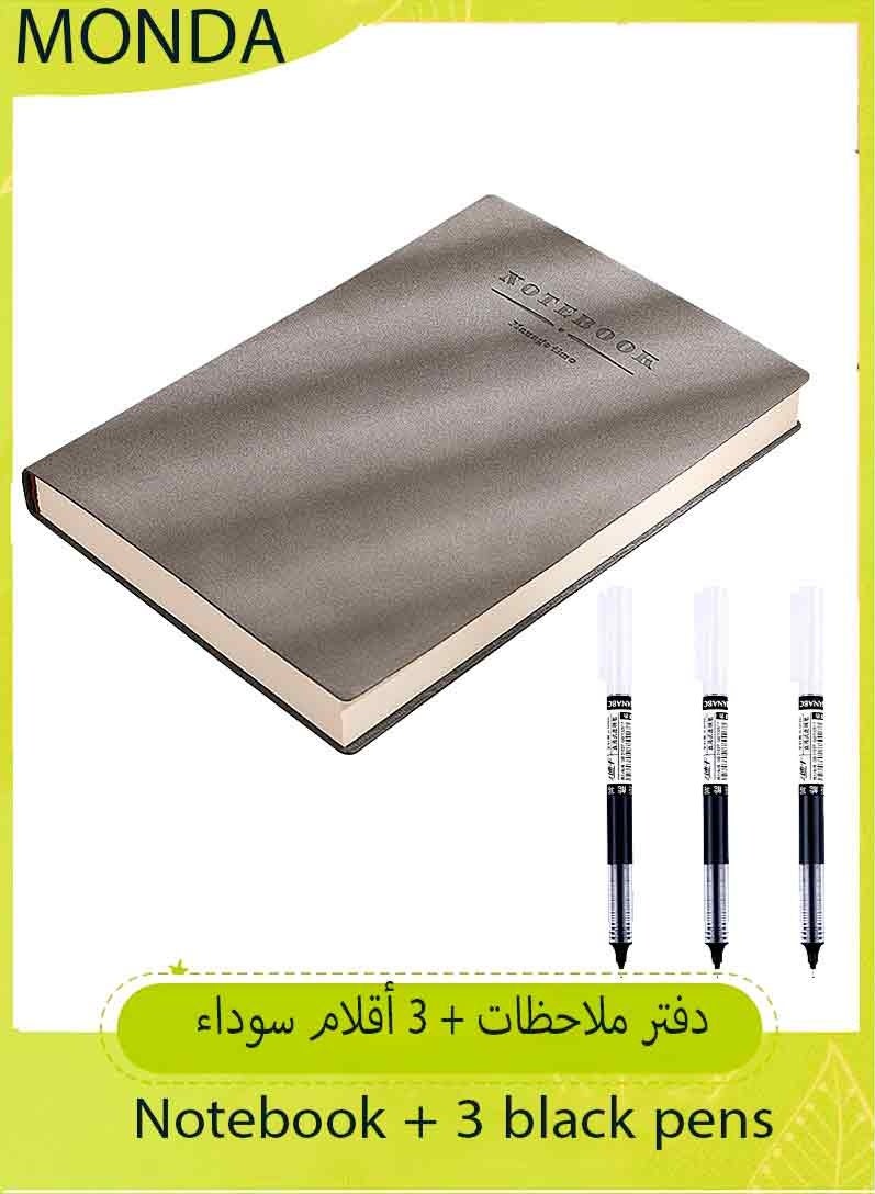 Monda 1 Pack A4 Notebooks and 3 Black pens,Large Journal 360 Pages Leather Softcover Hardcover Notebooks Thick Paper Lined Notepad for Office Home School Business Writing, 148*212mm - Image 1