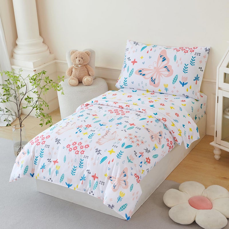 PERFEMET 5 Pieces Girls Bed in A Bag Full Size Reversible Pink Flowers Butterfly Comforter Set with Sheet Soft Lightweight Botanical Floral Bedding Set for Kids Teen(White, Full) - Image 2