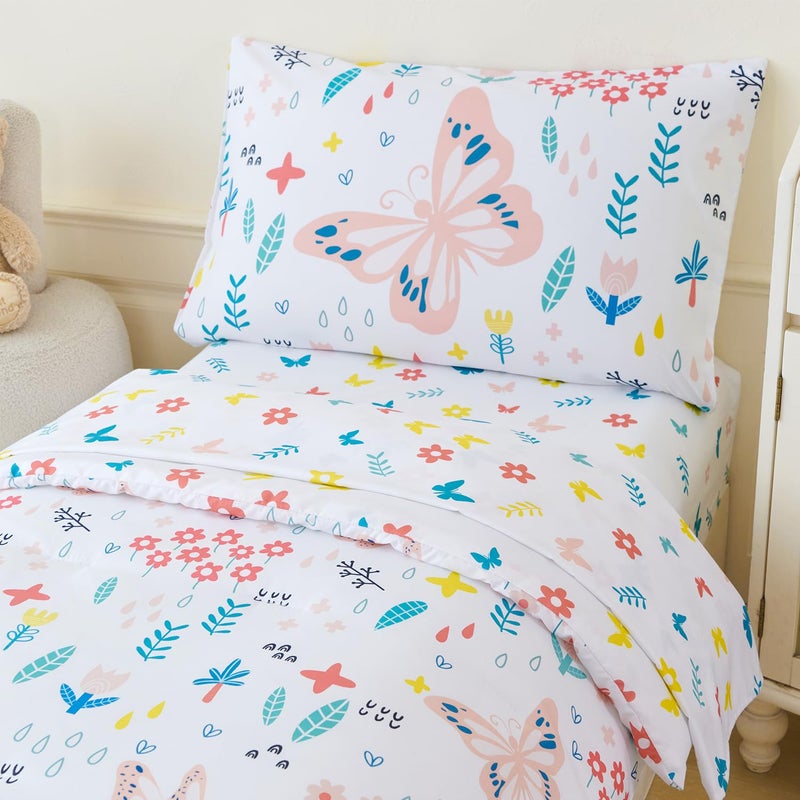 PERFEMET 5 Pieces Girls Bed in A Bag Full Size Reversible Pink Flowers Butterfly Comforter Set with Sheet Soft Lightweight Botanical Floral Bedding Set for Kids Teen(White, Full) - Image 3