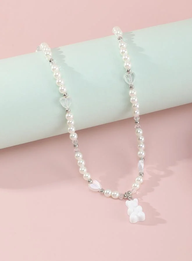 Girls Multi-Color Bear and Hear Charms Pearl Beaded Necklace