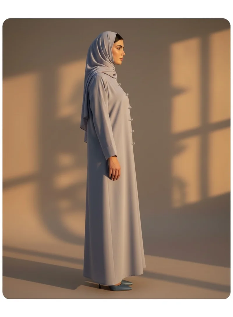 مويستريت Grey Korean Nida Abaya with Matching Headscarf & Knot Button Detail