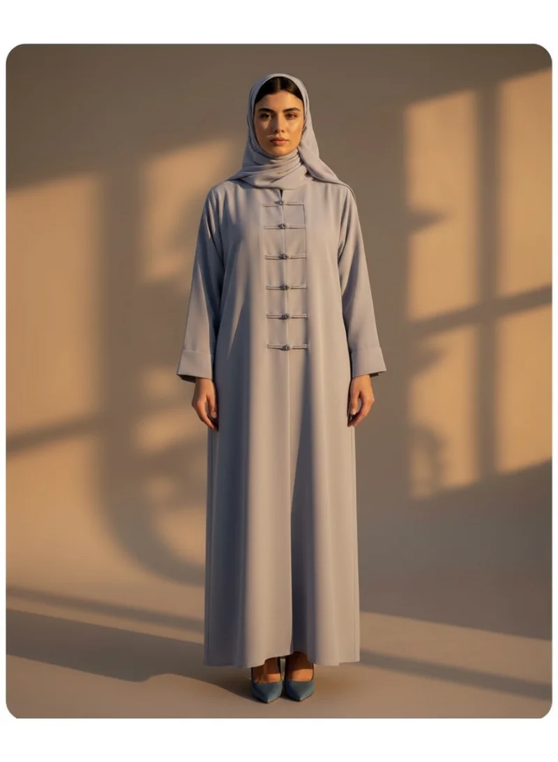 مويستريت Grey Korean Nida Abaya with Matching Headscarf & Knot Button Detail