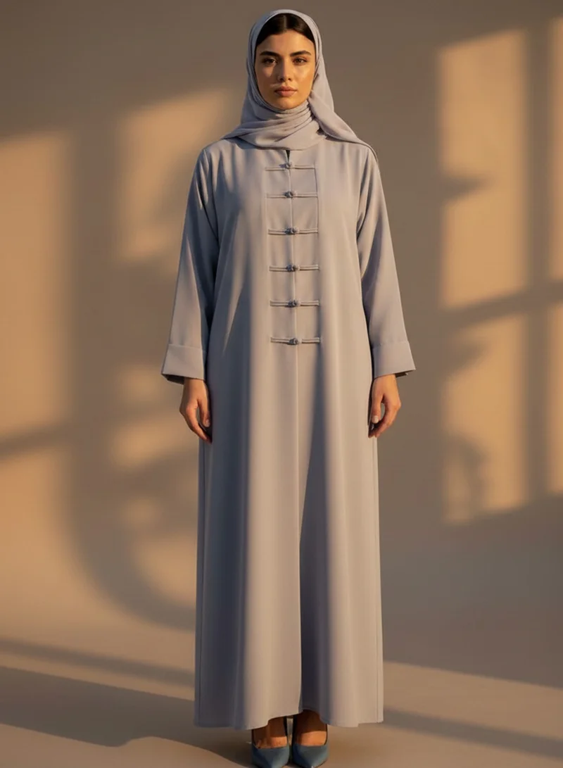 مويستريت Grey Korean Nida Abaya with Matching Headscarf & Knot Button Detail