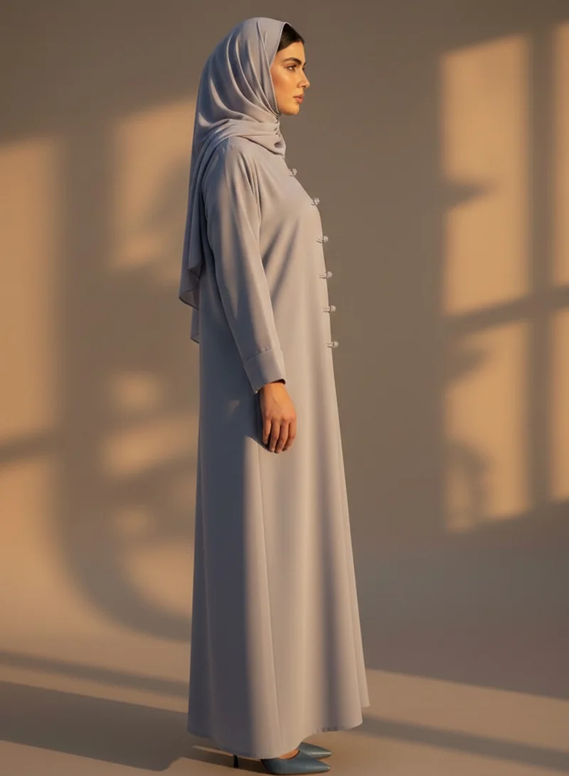 مويستريت Grey Korean Nida Abaya with Matching Headscarf & Knot Button Detail
