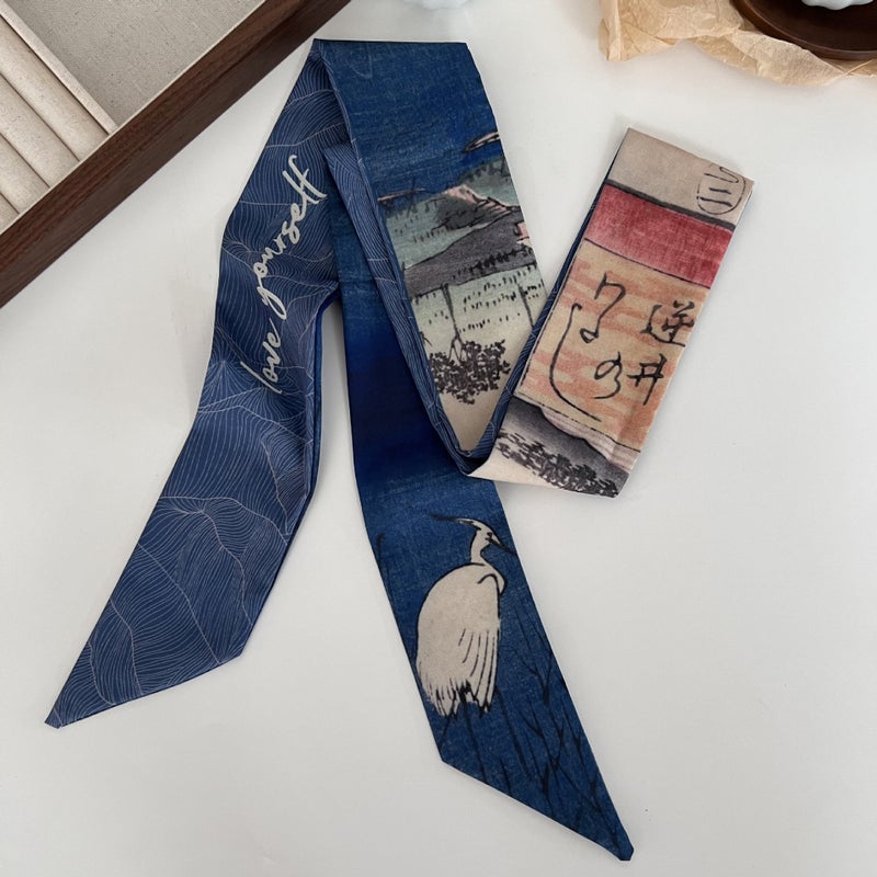 Generic High-grade oil painting small silk scarf hair band womens national style thin narrow long hair band tie hair ribbon tie bag silk scarf headdress 1# forest egret