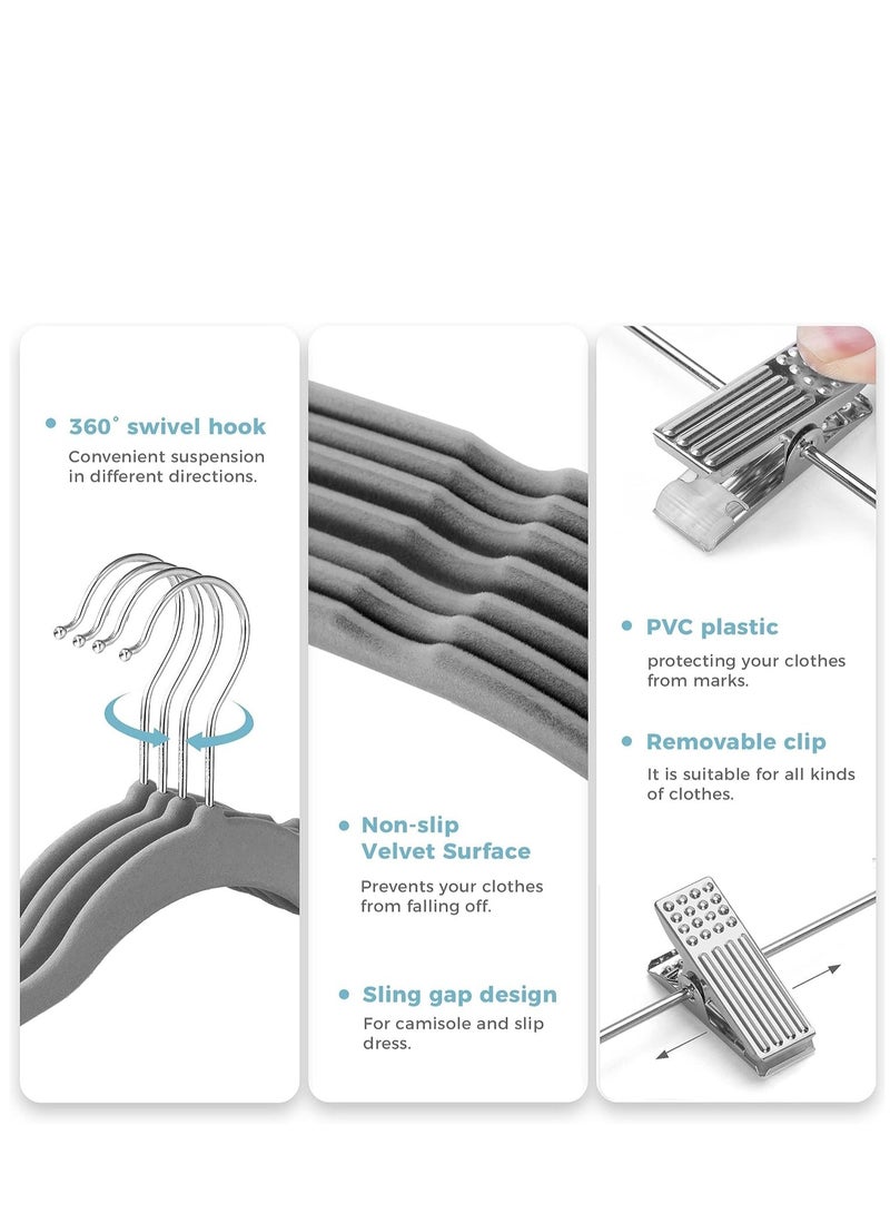 KASTWAVE DAY Velvet Skirt Hangers 20 Pack, Grey Velvet Hangers with Adjustable Clips, Space Saving Slim Velvet Pant Hangers, Heavy Duty Shorts Hangers, Non Slip Clip Hangers for Pants, Skirts, Shorts  - Image 3