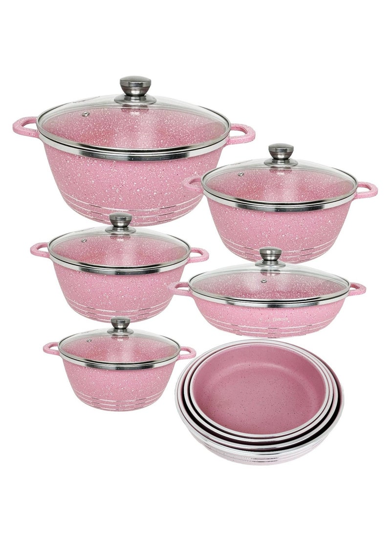 DESSINI 10 pieces Granite Coated Cookware set with 4 Pieces Bakeware Pan Set Pink