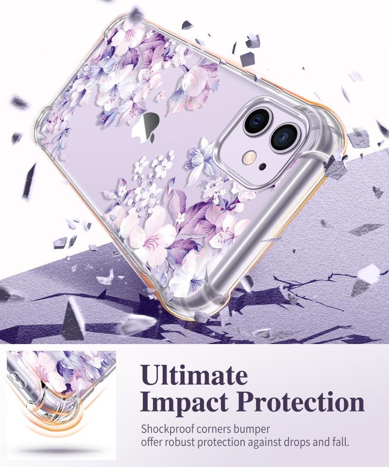 GVIEWIN for iPhone 11 Case Floral, with Screen Protector&Camera Lens Protector,[Non Yellowing] Soft Shockproof Clear Phone Protective Cover for Women, Flower Pattern Design 6.1"(Foliolosa/Purple) - Image 4