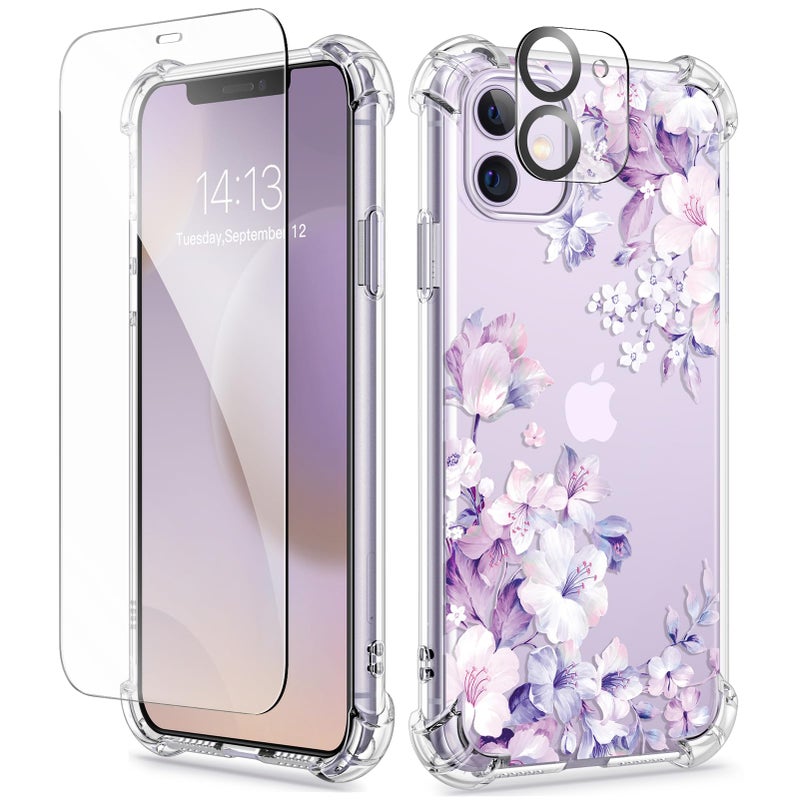 GVIEWIN for iPhone 11 Case Floral, with Screen Protector&Camera Lens Protector,[Non Yellowing] Soft Shockproof Clear Phone Protective Cover for Women, Flower Pattern Design 6.1"(Foliolosa/Purple) - Image 1