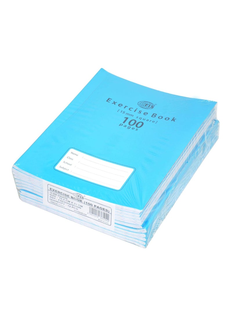FIS Exercise Book, Size 16.5x21cm, 100 Pages, 15mm Square Line Ruling with Left Margin, Packet of 12 Pieces, Neon Blue Color- FSEBSQ15100N - Image 1