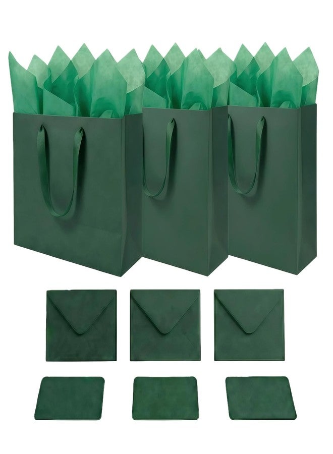 JUNESHE Large Dark Green Gift Bags Set of 3, 13.8 inch Paper Bag with Handles Matching Card Envelop Sticker Tissue Paper for Party Shopping Birthday Wedding Anniversary - Image 1