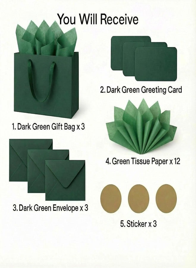 JUNESHE Large Dark Green Gift Bags Set of 3, 13.8 inch Paper Bag with Handles Matching Card Envelop Sticker Tissue Paper for Party Shopping Birthday Wedding Anniversary - Image 3