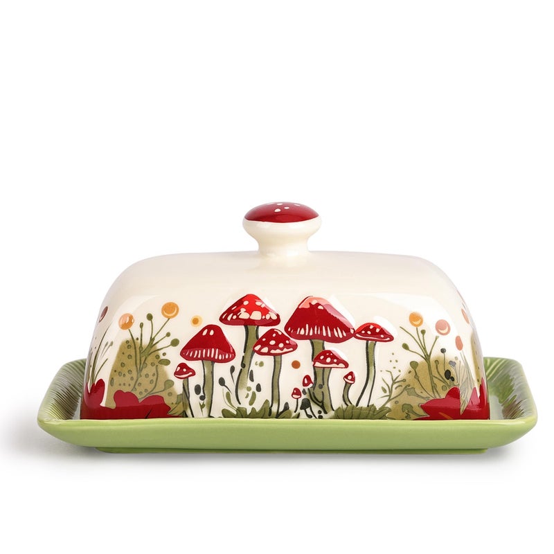 Fungi Fun Mushroom Butter Dish With Lid â€“ Cute Cottagecore Ceramic Storage Container, Vintage French Covered Tray, Boho Farmhouse Kitchen Decor Gift, Unique Countertop Holder (White, Standard) - Image 1