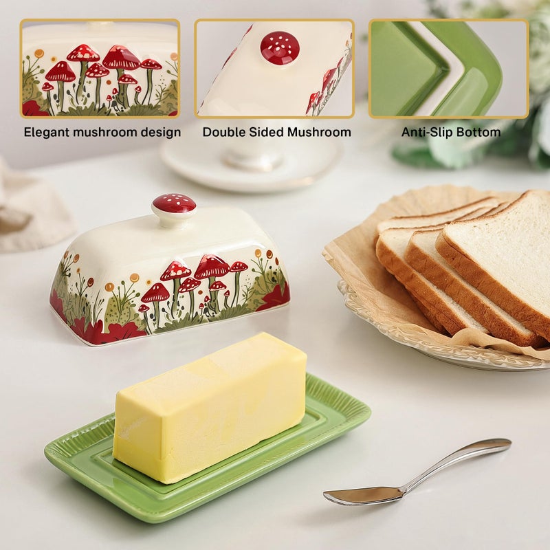 Fungi Fun Mushroom Butter Dish With Lid â€“ Cute Cottagecore Ceramic Storage Container, Vintage French Covered Tray, Boho Farmhouse Kitchen Decor Gift, Unique Countertop Holder (White, Standard) - Image 3