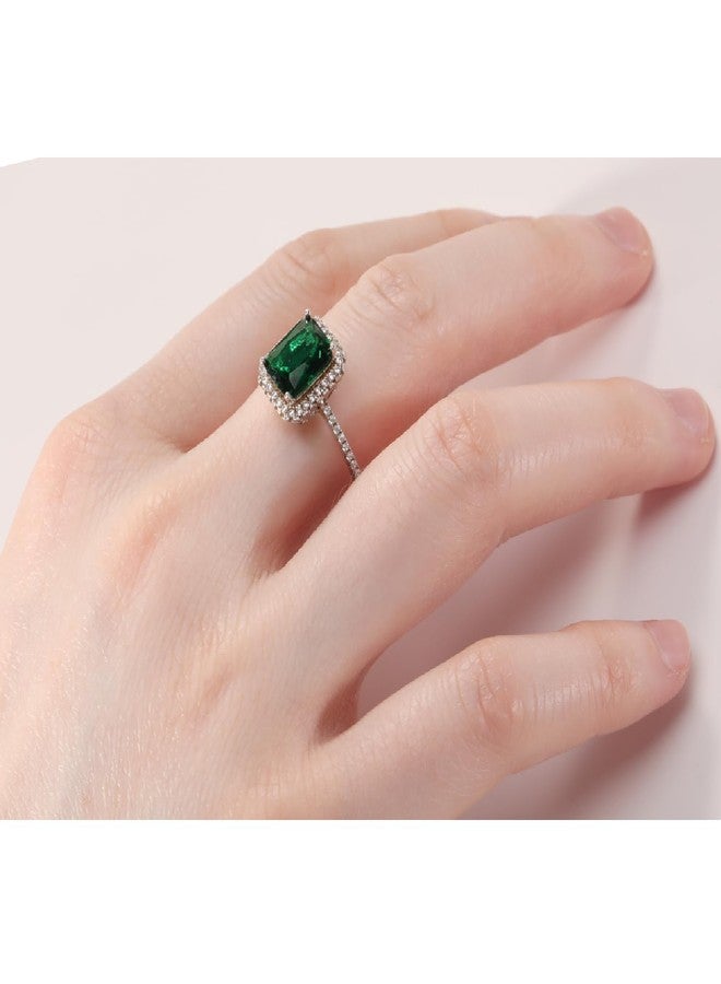 Yaresul 3.6ct 8x6mm Created Green Simulated Emerald Rings 925 Sterling Silver Engagement Ring for Women May Birthstone Rings Paved Cubic Zirconia Wedding Rings Size 5-10, 6.5, Gemstone,Zirconia - Image 3