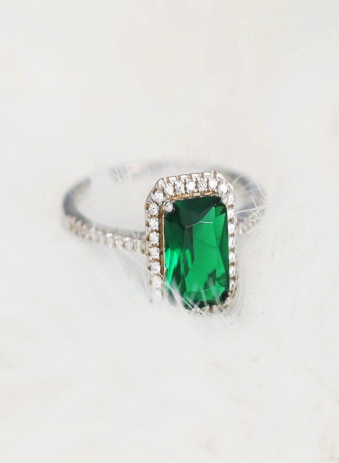 Yaresul 3.6ct 8x6mm Created Green Simulated Emerald Rings 925 Sterling Silver Engagement Ring for Women May Birthstone Rings Paved Cubic Zirconia Wedding Rings Size 5-10, 6.5, Gemstone,Zirconia - Image 4
