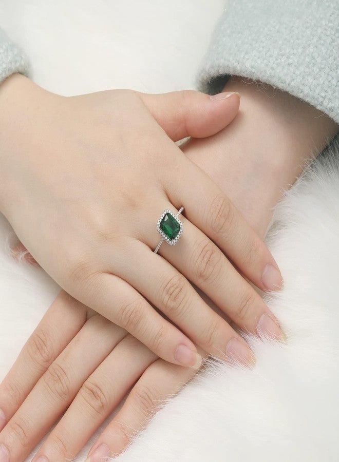 Yaresul 3.6ct 8x6mm Created Green Simulated Emerald Rings 925 Sterling Silver Engagement Ring for Women May Birthstone Rings Paved Cubic Zirconia Wedding Rings Size 5-10, 6.5, Gemstone,Zirconia - Image 5