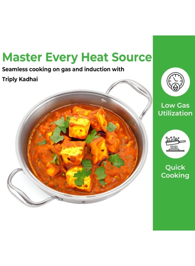 HAZEL Triply Stainless Steel Kadhai, 5 Litre | Induction Bottom Karahi, 31.9 cm | Aluminium Core Tri Ply Kadai for Daily Cooking - Image 2