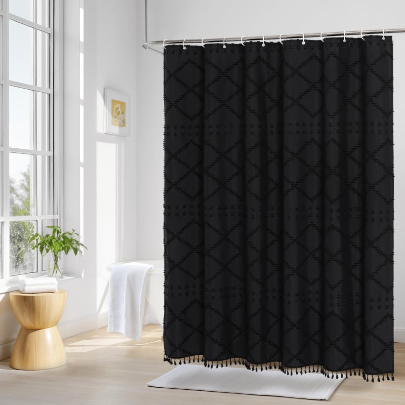 Craidlela Black Boho Woven Fabric Shower Curtain with Tassel 72 x 72, Bohemia Tufted Chevron Striped Chic Textured, Modern Farmhouse Minimalist Waterproof Black Cloth Curtain for Bathroom, Hotel Decor - Image 5