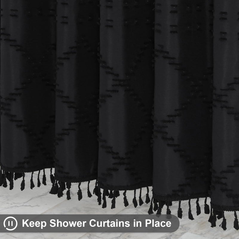 Craidlela Black Boho Woven Fabric Shower Curtain with Tassel 72 x 72, Bohemia Tufted Chevron Striped Chic Textured, Modern Farmhouse Minimalist Waterproof Black Cloth Curtain for Bathroom, Hotel Decor - Image 3