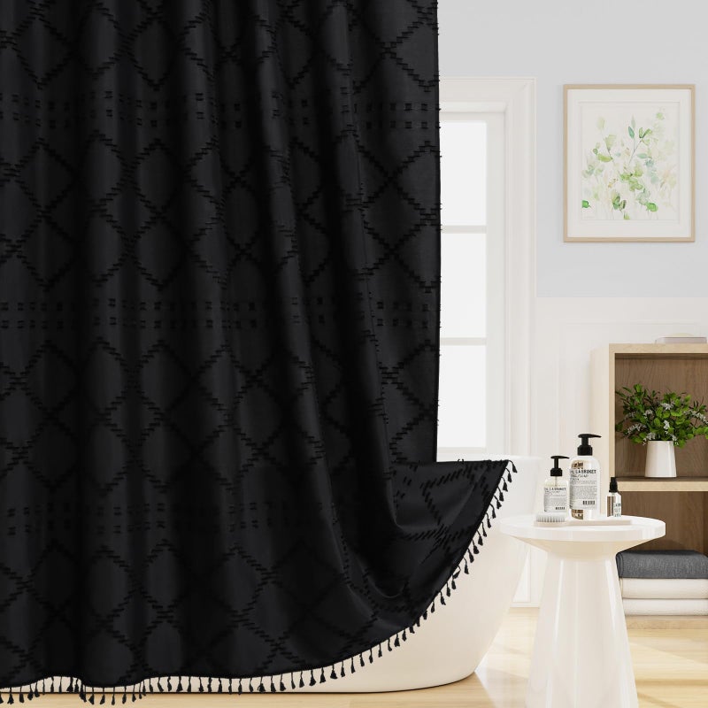 Craidlela Black Boho Woven Fabric Shower Curtain with Tassel 72 x 72, Bohemia Tufted Chevron Striped Chic Textured, Modern Farmhouse Minimalist Waterproof Black Cloth Curtain for Bathroom, Hotel Decor - Image 1
