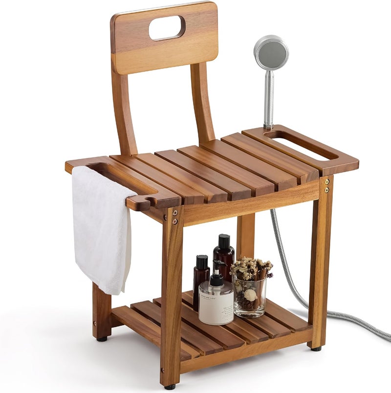 BLUEWEST 23.4'' Shower Chair with Backrest Bath Chair for Inside Shower or Tub, Heavy Duty 450 lbs Support, Non-Slip Feet, Shelf Storage, Built-in Handles for Elderly or Adults (Acacia) - Image 1