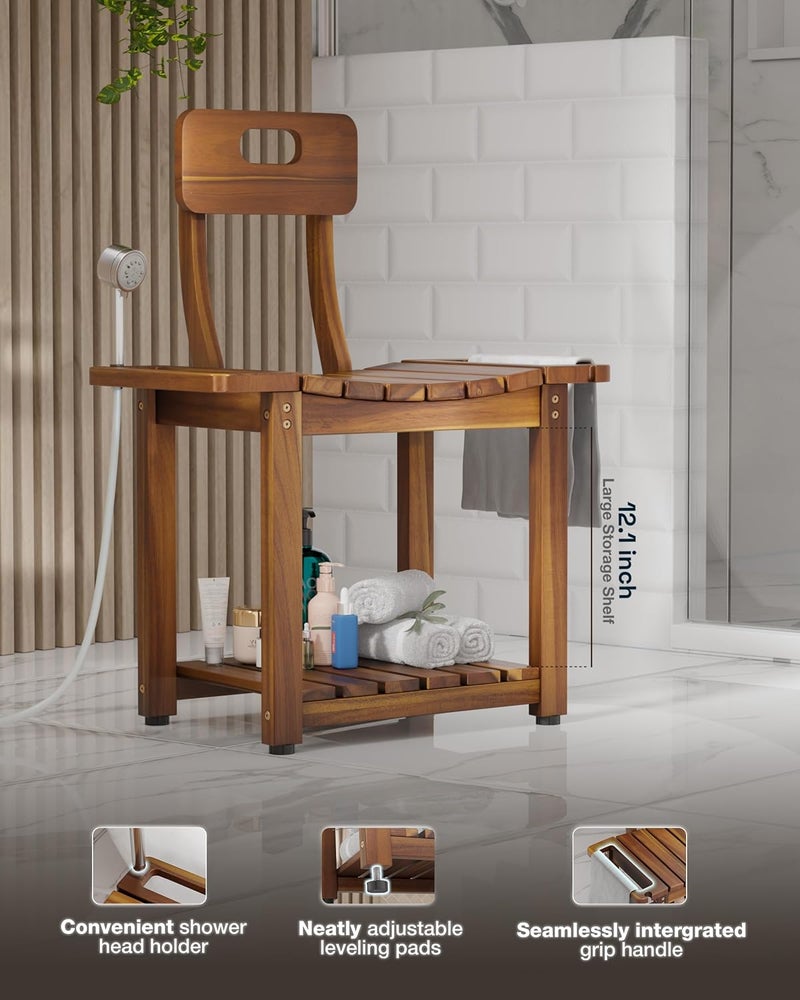 BLUEWEST 23.4'' Shower Chair with Backrest Bath Chair for Inside Shower or Tub, Heavy Duty 450 lbs Support, Non-Slip Feet, Shelf Storage, Built-in Handles for Elderly or Adults (Acacia) - Image 2