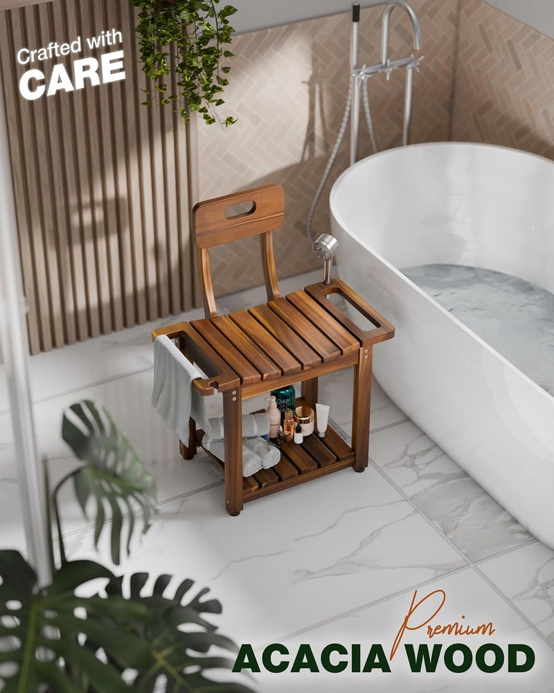 BLUEWEST 23.4'' Shower Chair with Backrest Bath Chair for Inside Shower or Tub, Heavy Duty 450 lbs Support, Non-Slip Feet, Shelf Storage, Built-in Handles for Elderly or Adults (Acacia) - Image 5