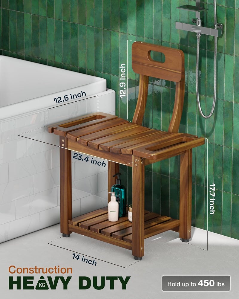 BLUEWEST 23.4'' Shower Chair with Backrest Bath Chair for Inside Shower or Tub, Heavy Duty 450 lbs Support, Non-Slip Feet, Shelf Storage, Built-in Handles for Elderly or Adults (Acacia) - Image 3