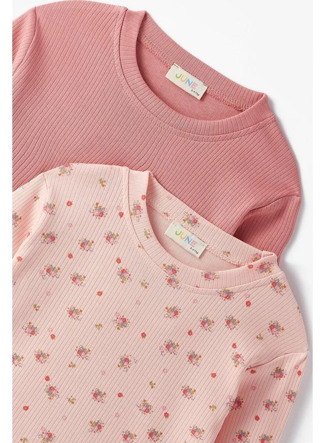 جون June Girl Child 2-Pack Embroidered and Basic Long Sleeve Tshirt Light Pink- Rose