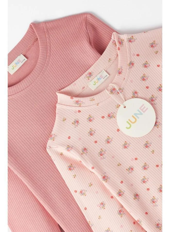 جون June Girl Child 2-Pack Embroidered and Basic Long Sleeve Tshirt Light Pink- Rose