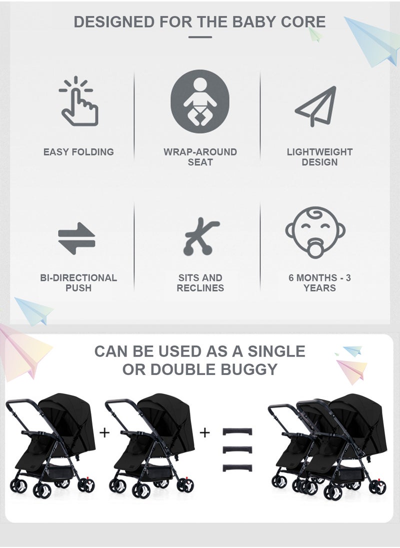 MaBaby - Baby Twin Stroller, Side By Side Double Strollers, Detachable and Reversible Pushchair With Adjustable Canopy And Backrest, Can Sit And Lie-black a-5 - Image 1