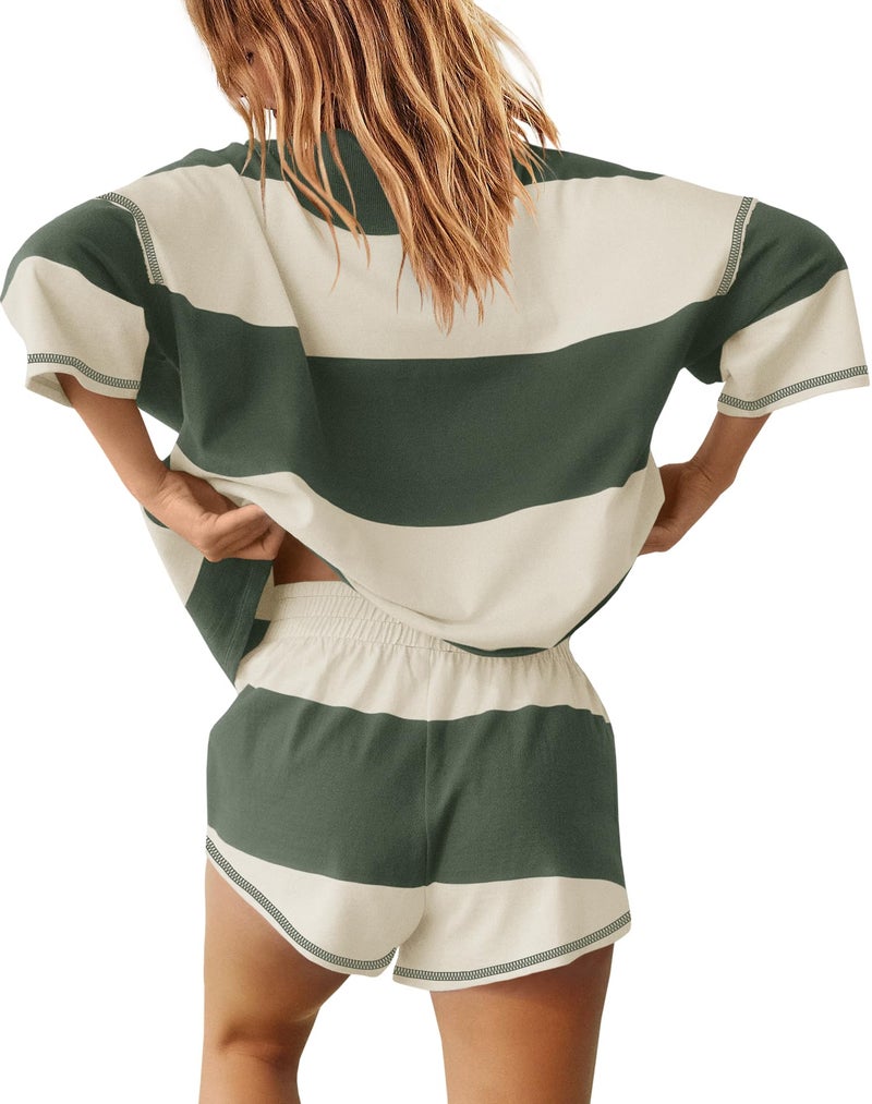 Yanekop Womens 2 Piece Outfits Summer Striped Lounge Set Two Piece Matching Workout Sets Oversized Short Sets Tracksuits(Army Green,S) - Image 3