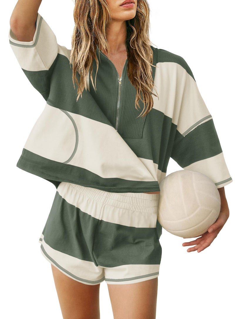 Yanekop Womens 2 Piece Outfits Summer Striped Lounge Set Two Piece Matching Workout Sets Oversized Short Sets Tracksuits(Army Green,S) - Image 2